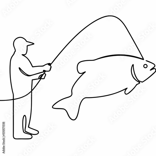 Minimalist black line art illustration depicting a fisherman casting a line catching a large fish suitable for various creative projects