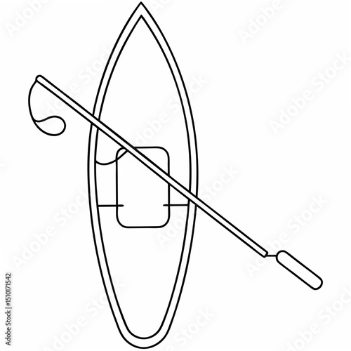 Minimalist line art illustration depicting a top view outline of a canoe with an attached paddle and white background.