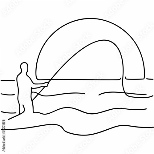 Minimalist line art illustration of angler casting a fishing rod with a scenic sunrise in calm waters.