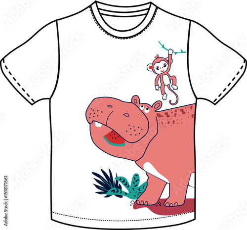 hippo with monkey t shirt print illustrations vector art
