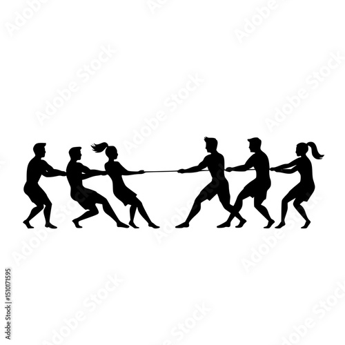 Tug of war silhouette of people pulling rope isolated on transparent background