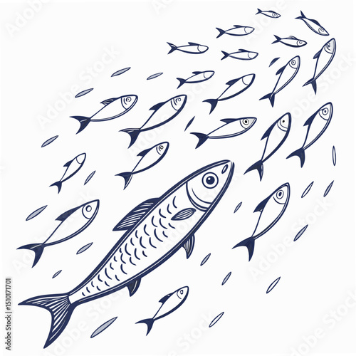 School of stylized fish swimming together in a seamless pattern suitable for decorative design elements