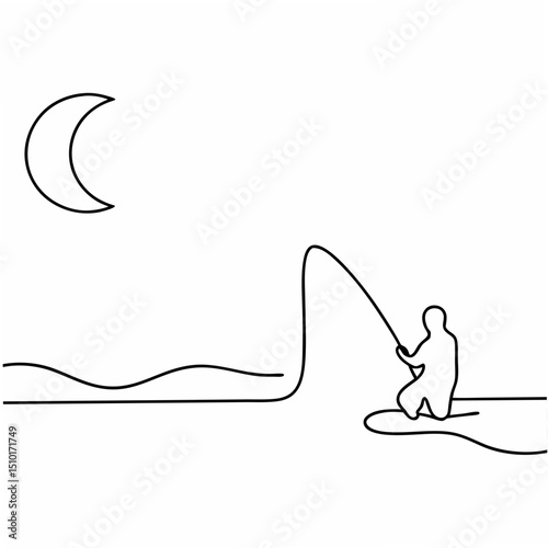 Silhouette of a fisherman angling at night with a moon in a minimalist black and white line art style