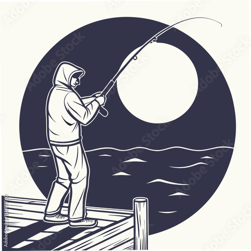 Silhouette illustration of a fisherman fishing with rod and reel on a pier against a dark background