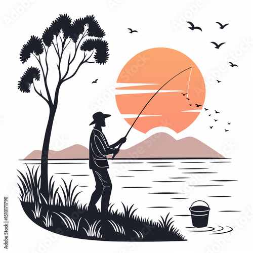 Silhouette of a fisherman casting a line at sunset on a lake with transparent elements ideal for designs