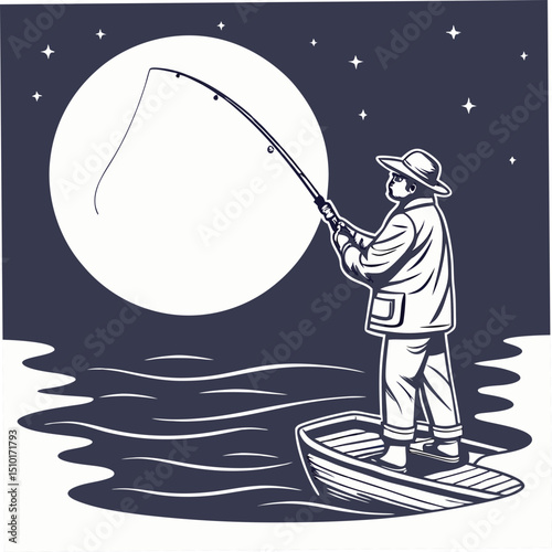 Silhouette of a fisherman casting a fishing rod from a boat under a full moon in the night sky