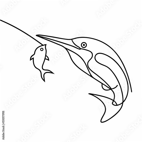 Simple and elegant black and white line art illustration of a swordfish catching a smaller fish