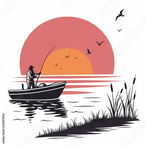 Silhouette of fisherman casting line from a boat with birds and sunset reflection suitable for various design projects