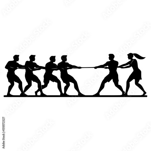 Tug of war silhouette of people pulling rope isolated on transparent background