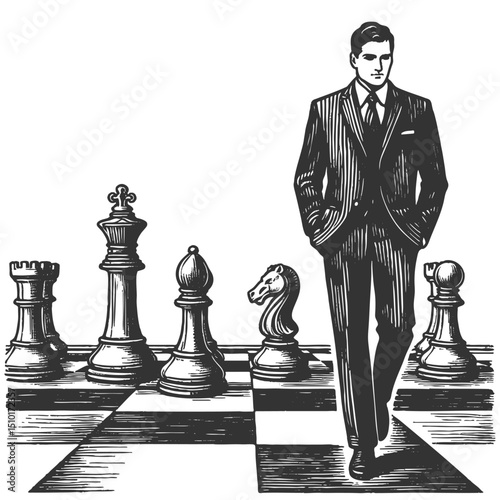 businessman walking among giant chess pieces, symbolizing leadership, planning, and strategic decision making sketch engraving generative ai vector illustration. Scratch board. Black and white image.