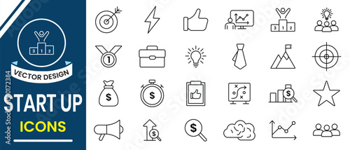 Startup related line icon vector collections. Startup icon symbol such as investment, strategy, idea, growth, innovation, business, launch and more. Vector illustration.
