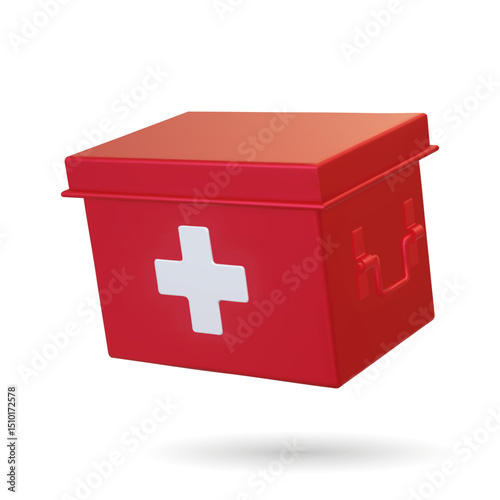 3d Realistic Red first aid kit box isolated on white background. Vector illustration. Advertising for hospital or pharmaceutical company. Sign for pharmacy. Metal First Aid Empty Box, Medicine Storage