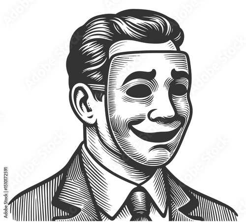 man with a detachable smiling mask, symbolizing deception, duality, and emotional facade sketch engraving generative ai fictional character vector illustration. Scratch board. Black and white image.