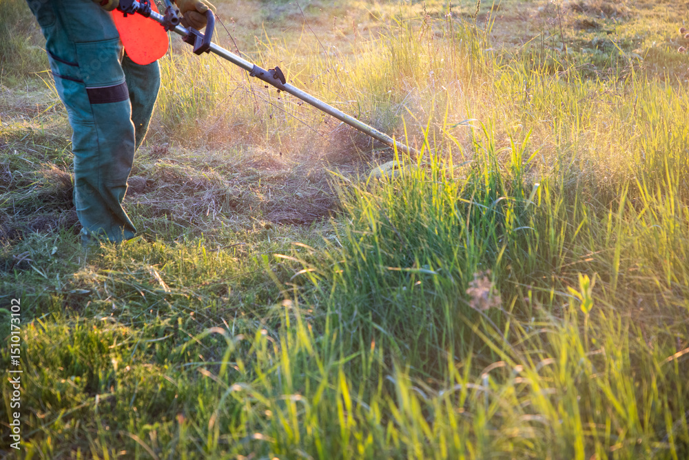 man mowing the grass with a lawn mower. Garden work at sunset man mowing the grass with a lawn mower. Garden work at sunset