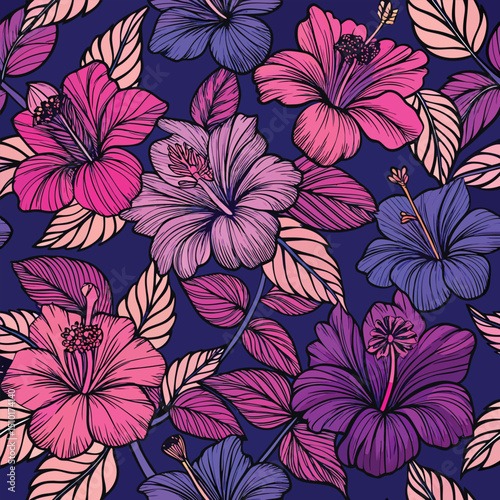 Beautiful hand drawn seamless floral pattern of hibiscus flowers with vibrant colors and intricate design.