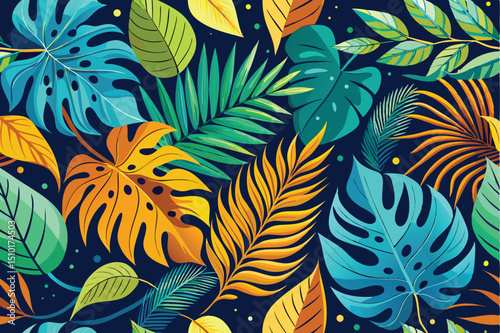 Colorful tropical leaves arrangement seamless floral pattern for various design projects and backgrounds with botanical elements