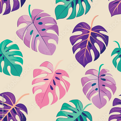 Colorful tropical monstera leaves arranged in a repeating floral pattern set against a neutral background.