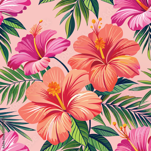 Colorful vibrant floral pattern featuring tropical hibiscus flowers and lush green leaves perfect for summer themed designs.