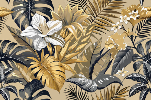 Elegant floral pattern featuring tropical flowers and leaves in shades of white gold and dark grey for stylish design projects