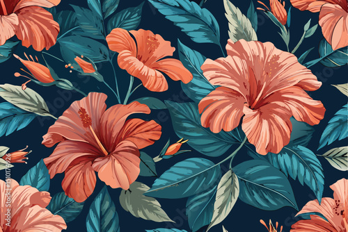 Elegant watercolor floral pattern featuring hibiscus flowers and tropical leaves in a seamless repeating design