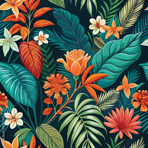 Exquisite tropical floral pattern featuring lush green foliage and vibrant orange flowers in a seamless arrangement.
