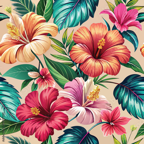 Exquisite floral pattern of vibrant hibiscus flowers and lush tropical foliage in a seamless and beautiful design