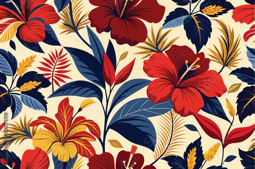 Exquisite tropical floral pattern with hibiscus flowers and lush foliage in vibrant red and blue on a white background