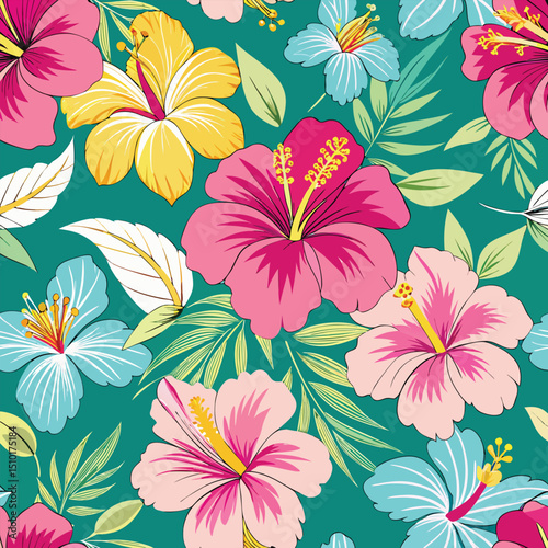 Seamless floral pattern featuring colorful hibiscus flowers and tropical leaves arrangement suitable for fabric printing and wallpaper design projects.