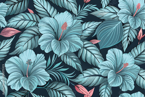 Stunning blue hibiscus floral pattern with lush leaves and pink accents for elegant design projects
