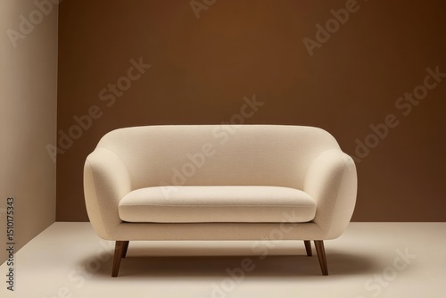 Minimalist beige sofa with rounded arms and wooden legs. Neutral tones and soft studio lighting. Modern interior design. Calm, stylish, and elegant atmosphere. Clean background. Copy space. Banner