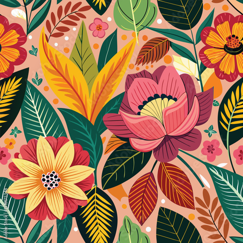 Stunning floral pattern with hand-drawn style illustrated tropical flowers and leaves arrangement for artful designs.