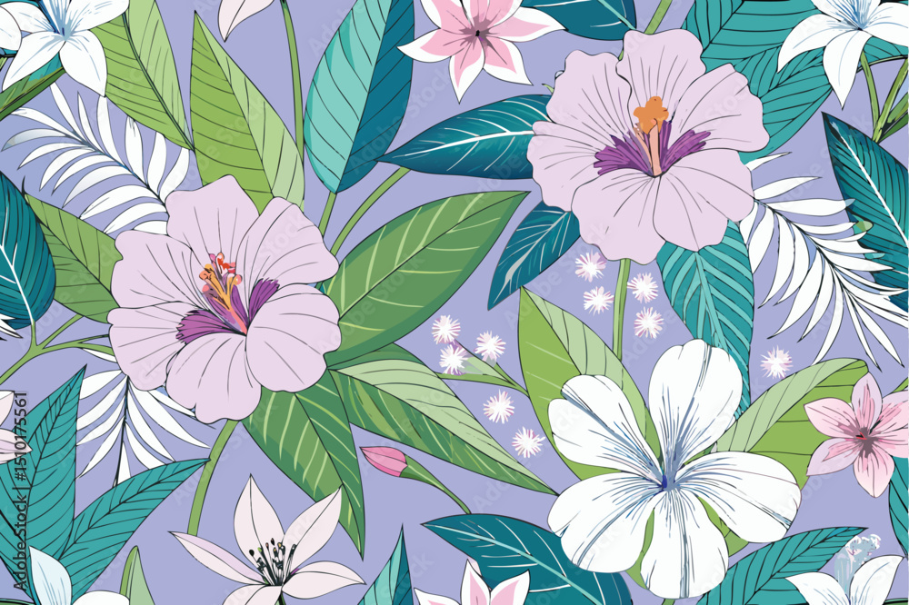 custom made wallpaper toronto digitalVibrant seamless floral pattern with tropical hibiscus flowers and lush green foliage on a lavender background