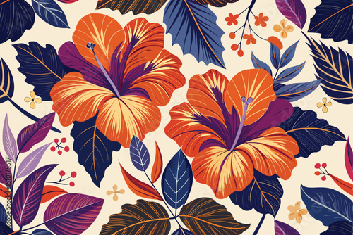 Vibrant floral pattern featuring tropical hibiscus flowers and decorative foliage in a beautiful artistic design