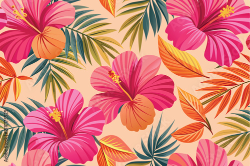 Vibrant artistic floral pattern featuring lush tropical hibiscus flowers and green leaves seamlessly arranged on a warm background