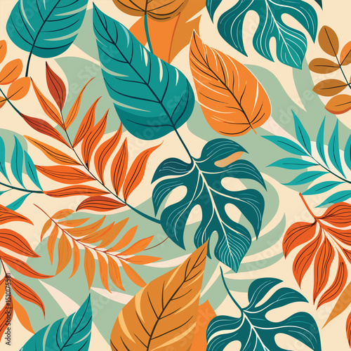 Vibrant seamless tropical floral pattern featuring lush green, orange, and beige leaves for various creative applications