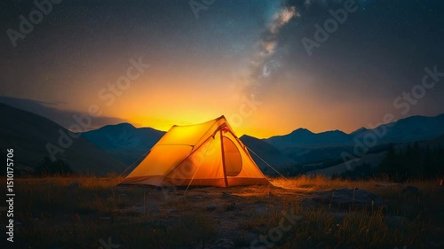 A glowing yellow camping tent under a beautiful Starry night sky. Travel adventure landscape background.
