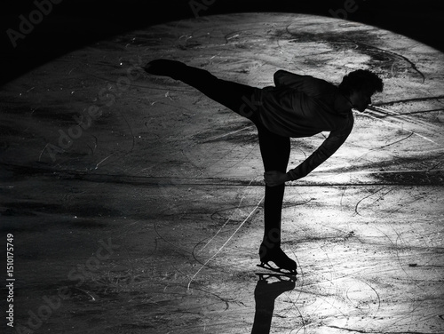 Backlight of an Athlete Skater and the Shadow reflected on the Ice Rink during the Artistic and Technical Performance