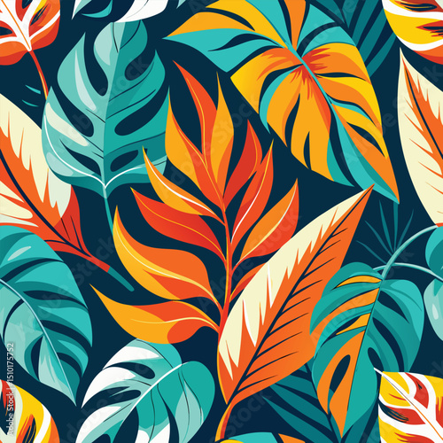 Vibrant tropical floral pattern seamless design featuring lush leaves and colorful foliage on a dark background