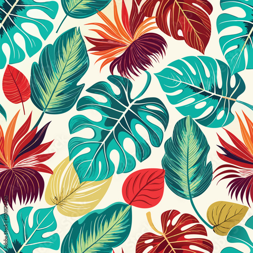 Vibrant tropical floral pattern with diverse stylized leaves in teal red orange and yellow suitable for various design projects
