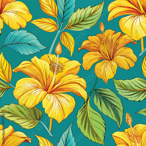 Vibrant watercolor hibiscus flowers floral pattern design seamlessly repeating across a white transparent background