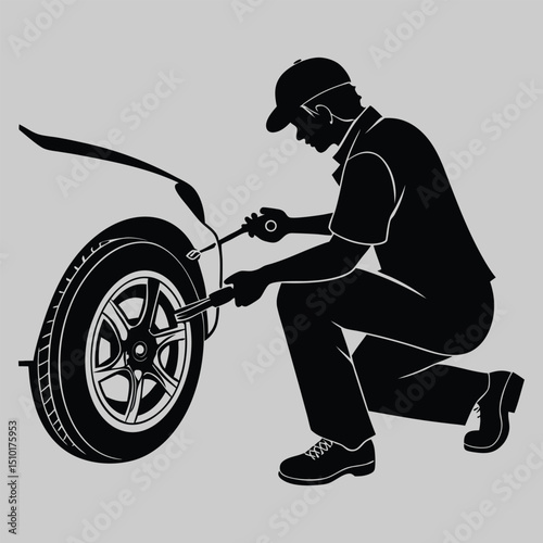 a person fixing a car tire silhouette vector design art and illustration