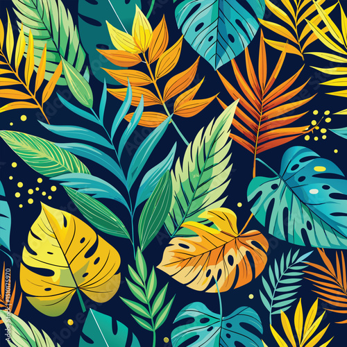 Vivid and colorful tropical foliage seamless floral pattern for creative design and various artistic applications