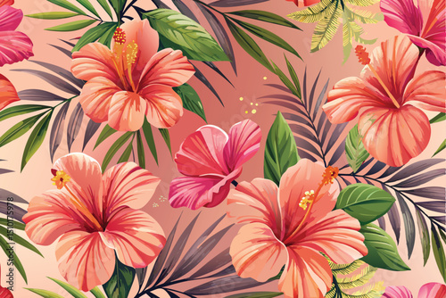 Vibrant watercolor floral pattern featuring lush hibiscus flowers and exotic tropical foliage elements for design