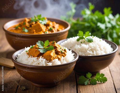 Steaming bowls of wali (rice) with flavorful curry are presented, highlighting a common and delicious meal. photo