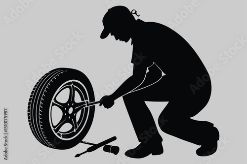 a person fixing a car tire silhouette vector design art and illustration