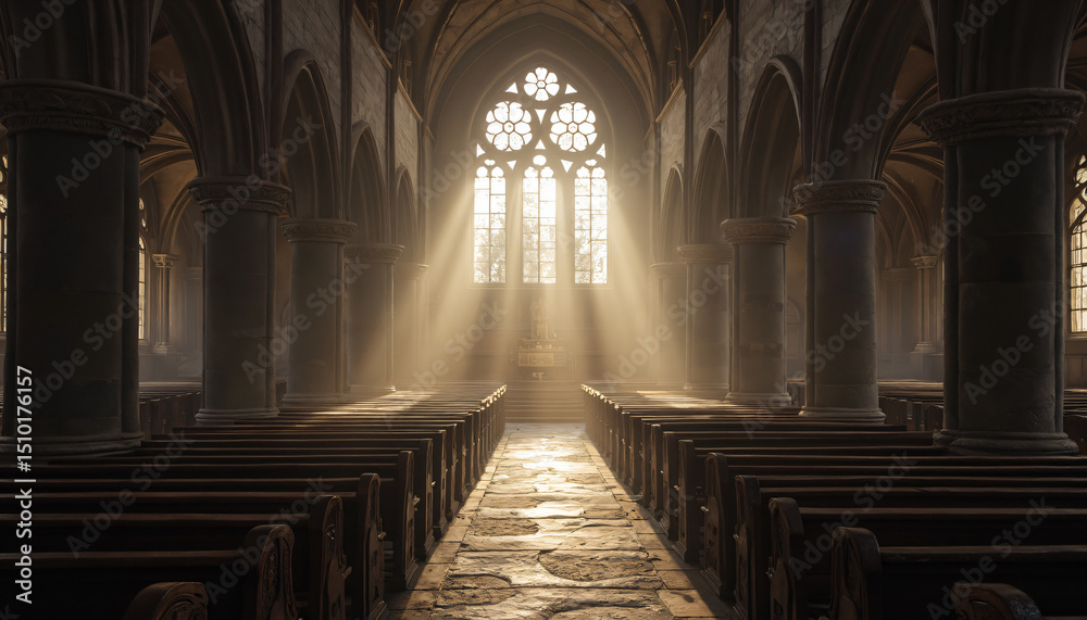 Obraz premium Church Interior with Pews, Pillars, and Sunlight.