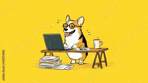 Happy corgi dog with glasses working on laptop at desk surrounded by papers on bright yellow background