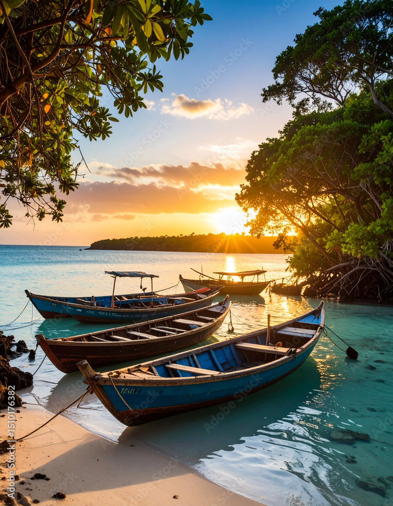 A coastal Tanzanian sunset over fishing boats docked near a shoreline surrounded by mangroves. A coastal Tanzanian sunset over fishing boats docked near a shoreline surrounded by mangroves.