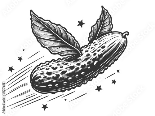 Cucumber pickle flying through stars, symbolizing fantasy, humor, and surreal creativity sketch engraving generative ai vector illustration. Scratch board imitation. Black and white image.