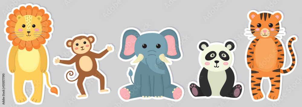 Obraz premium Set of stickers with funny animals isolated on gray background. Illustration with tiger, elephant, panda, lion and monkey drawn in a childish style